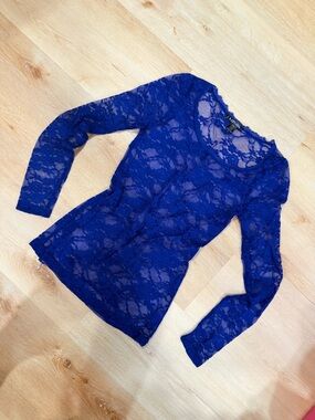 Sheer Royal Blue Lace Long-Sleeve Women's Top